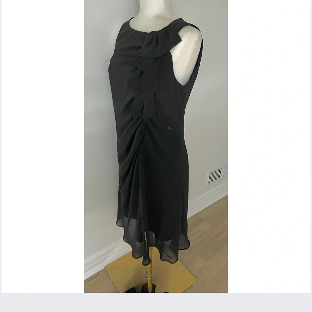 90s Asymmetrical Black Chiffon Dress – Draped Knee-Length with Shoulder Ruffle - Picture 5 of 15